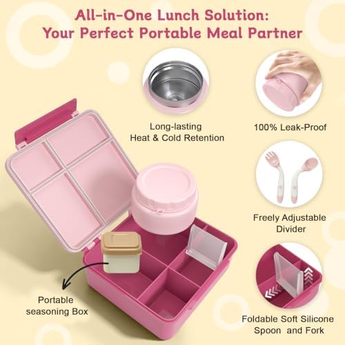 Kids Lunch Box 4 Compartment Bento with 8oz Food Jar,Pink