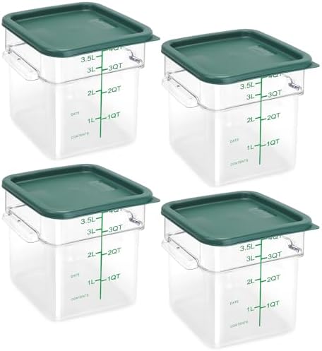 4 Pack Food Storage Containers with Green Lids, 4.0 Qt - Square