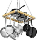 Cooks Standard Classic Ceiling Wood Pot Rack, 24x18 Inch Heavy Duty Hanging Cookware Organizer with Metal Grate & Solid Cast Aluminum Hooks, Movable Tracks Design