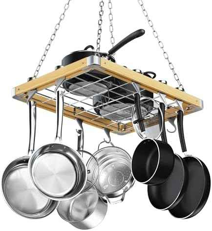Cooks Standard Classic Ceiling Wood Pot Rack, 24x18 Inch Heavy Duty Hanging Cookware Organizer with Metal Grate & Solid Cast Aluminum Hooks, Movable Tracks Design