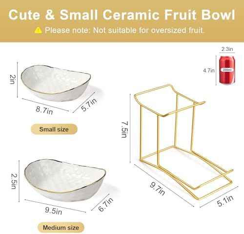 Fruit Bowl for Kitchen Counter, 2 Tier Fruit Basket for Counter, Ceramic Fruit tray, Tiered Holder with Metal Stand, Modern Detachable Rack for Vegetable Snack Dessert Storage (Gold&White)