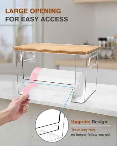 Trash Bag Holder, Acrylic Garbage Bag Dispenser with Bamboo Top