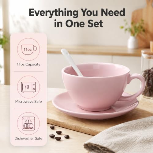 DeeCoo 11 oz Pink White Cappuccino Mug- Large Ceramic Coffee Cup with