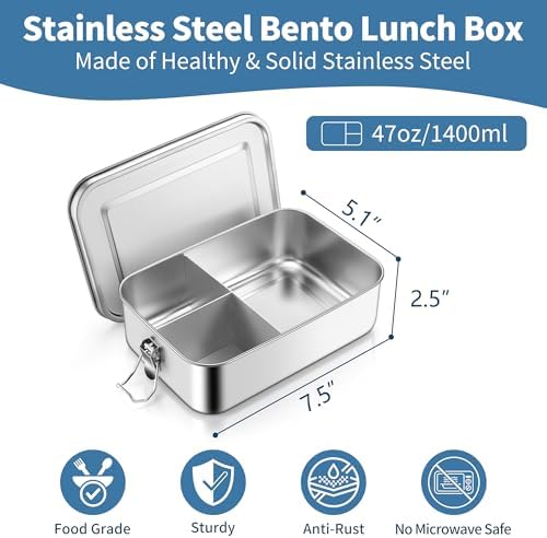 TeamFar Stainless Steel Bento Box, 47oz/1400ML Metal Lunch Box with