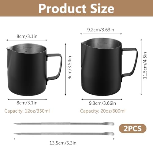 2 Pack 12oz & 20oz Matte Black Milk Frothing Pitcher Set With Latte