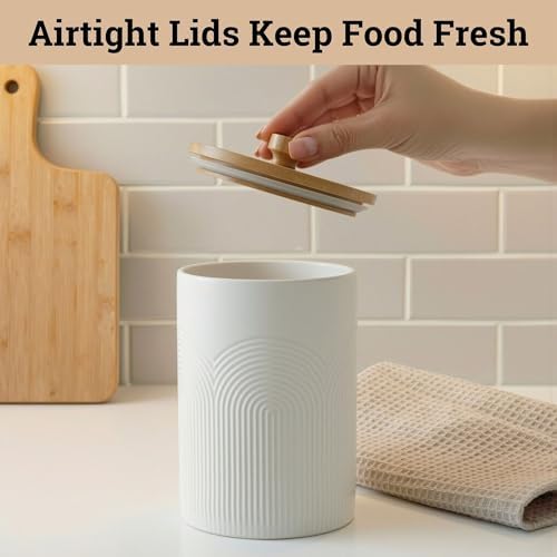 Ceramic Kitchen Canisters for Countertop Set of 3 w/ Airtight Bamboo