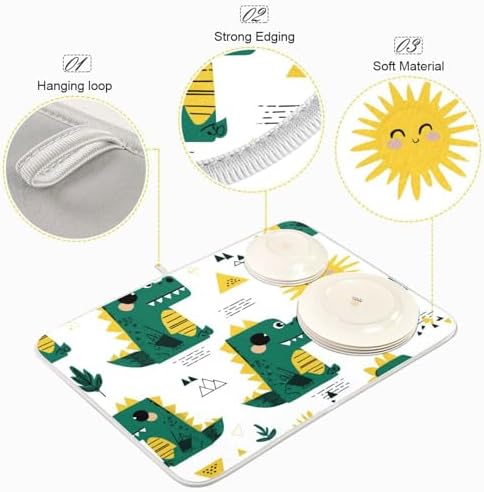 OTVEE Cute Dinosaur Pattern Dish Drying Mat for Kitchen Counter