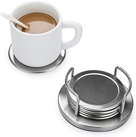 JUXYES Set of 6 Stainless Steel Metal Round Coaster with Holder for