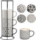 Hiceeden Set of 4 Coffee Mugs with Metal Stand, 15 oz Stackable