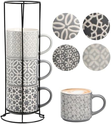 Hiceeden Set of 4 Coffee Mugs with Metal Stand, 15 oz Stackable