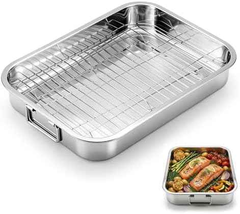 Roasting Pan with Rack,Nonstick Stainless Steel Turkey Roasting Baking Broiler Oven Pan Food Grade Roast Tray for Meat,Baking,Bread,Desserts,Snacks,Lasagna,etc (Medium)