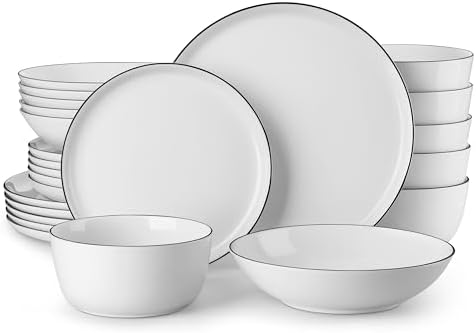 MALACASA 24-Piece Dinnerware Set for 6, White Black-Rim Porcelain
