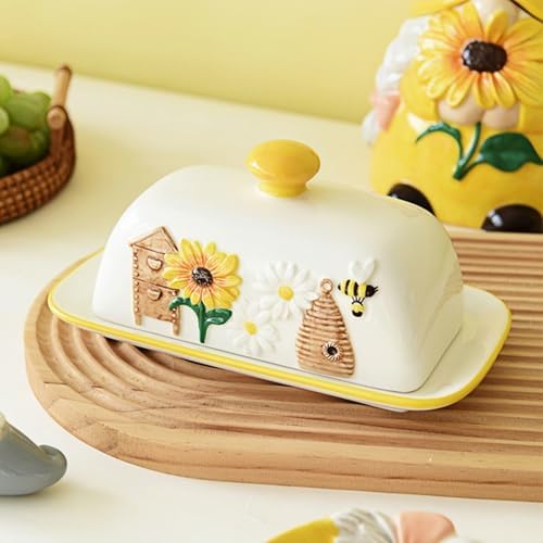 HAN SHENG Ceramic Bee Covered Butter Dish with Lid for Butter Storage