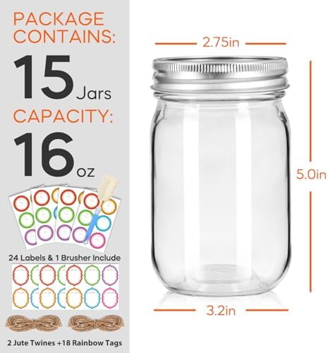 16oz Regular Mouth Mason Jars, 15-Pack