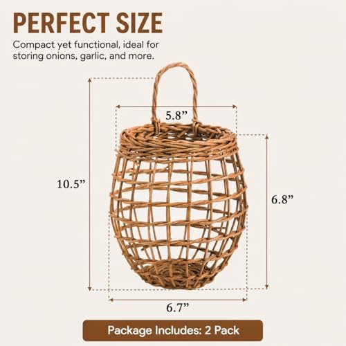 Elsjoy Set of 2 Hanging Onion Basket, Wall Mount Small Wicker Baskets