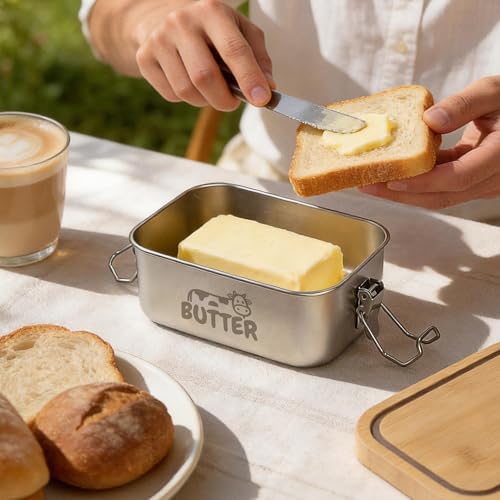 Small Stainless Steel Butter Dish, Airtight Lid, Cow Design