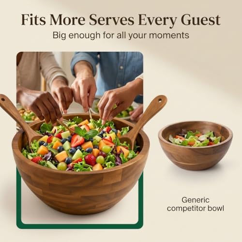 Shalinindia Large Acacia Wood Salad Bowl Set with Utensils, 12.5 In