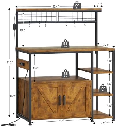 TVU Bakers Rack with Power Outlet, Storage Cabinet