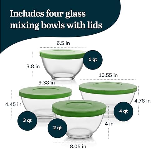 Libbey Baker's Basics 4 Piece Glass Mixing Bowl Set with Plastic Lids