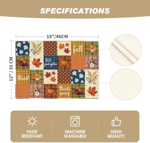 Artoid Mode Hello Pumpkin Leaves Fall Placemats Set of 4-12 x 18 Inch