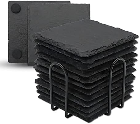 VIBRATITE 12 Pack 4 Inch Square Black Slate Drink Coasters with Holder