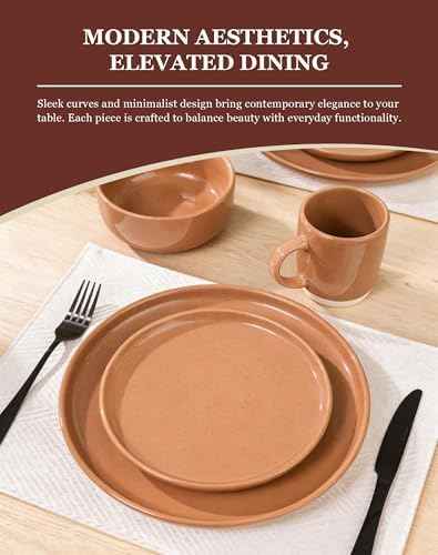 OTAGO 32-Piece Stoneware Dinnerware Set for 8 with Mugs, Plates and Bowls Sets Partially Unglazed Base, Scratch Resistant Ceramic Dish Set, Microwave & Dishwasher Safe for Kitchen Dinner Dining, Brown