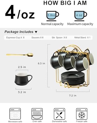YHOSSEUN Espresso Cups Set of 6, 4 OZ Expresso Shots Cup with Stand