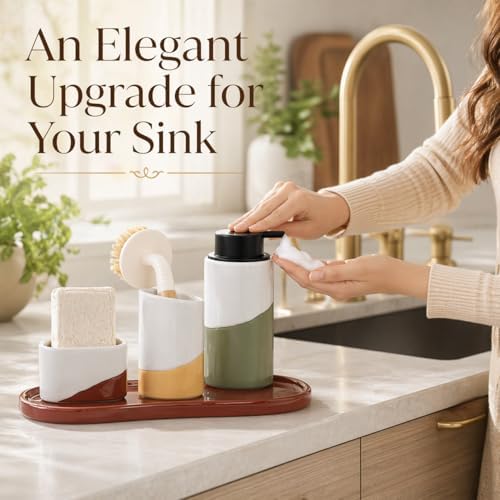 Bosilunlife Ceramic Soap Dispenser Set with Sponge Cup, Brush Cup &