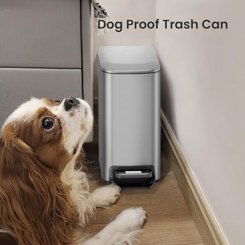 Cesun Small Bathroom Trash Can with Lid, 1.6 Gal, Sliver