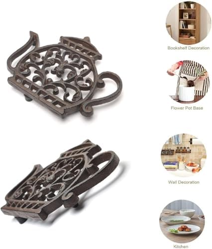 Cast Iron Trivets for Hot Dishes, Rustproof Tea Pot Trivet with Rubber