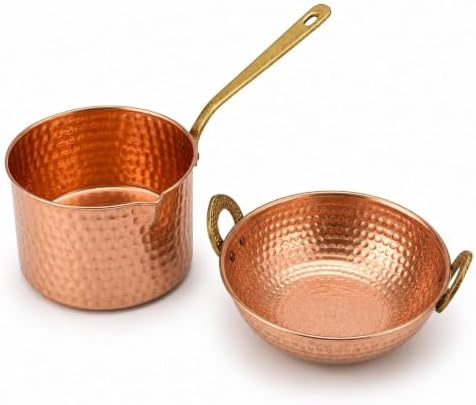 Copper Cookware Set of 2 Hammered Saucepan 1500ml & Kadai 800ml
