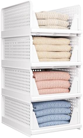 4 Pack Folding Closet Organizers Storage Box, Stackable Storage Bins