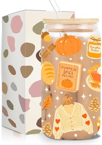 Fall Pumpkin Spice Iced Coffee Cup, Halloween Glass Tumbler, 16 oz