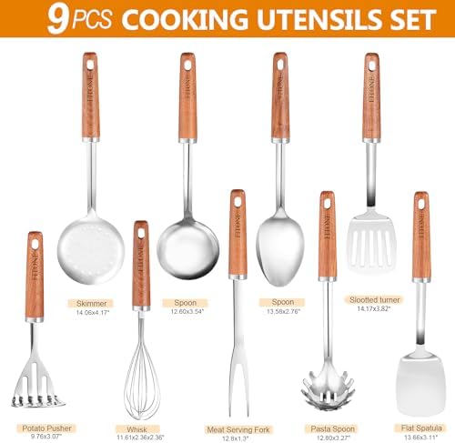 9-Piece Stainless Steel Kitchen Utensil Set with Wooden Handles