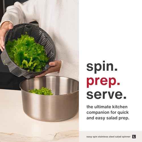 Zyliss Easy Spin Salad Spinner, 4–6 Servings, Large, Stainless Steel