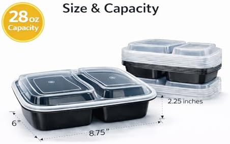 4U'LIFE 28 oz Meal Prep Containers, 12 Pack, 2-Compartment Bento Boxes
