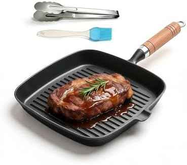 Cast Iron Grill Pan, 8.6 inch Griddle Pan Skillet with Pour Spout & Wooden Handle