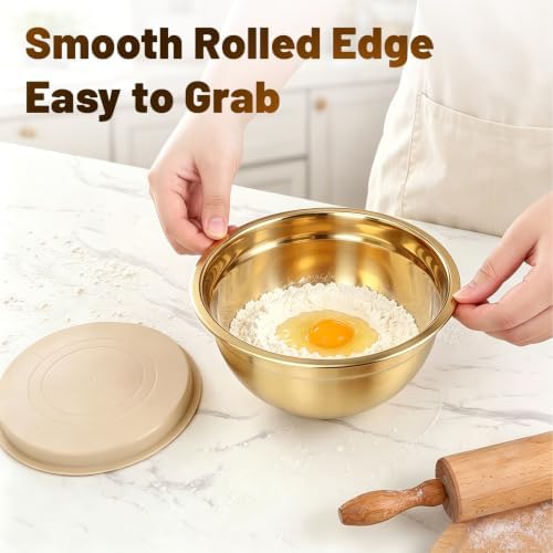 Beasea Stainless Steel Mixing Bowls with Lids, 1.5 QT, 5 Pack, Gold