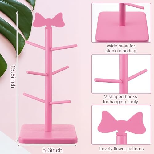 DoubleFill Pink Mug Tree Wooden Bow Coffee Bar Accessories with 6