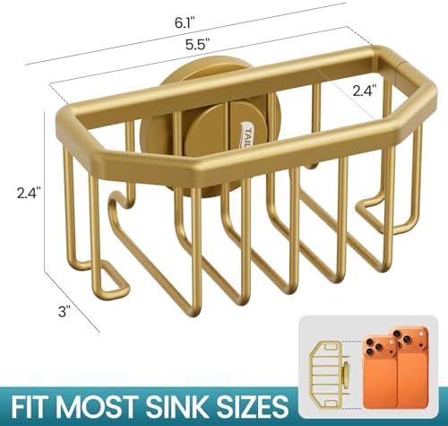 TAILI Sponge Holder for Kitchen Sink, Gold, Aluminum