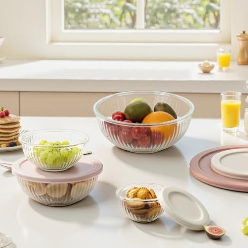 Glass Mixing Bowls with Lids Sets, 4 PCS Serving Bowls for Party or