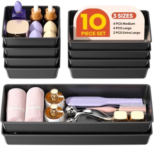 10 Pack Large Size Plastic Drawer Organizers Set, 3 Sizes Desk Drawer