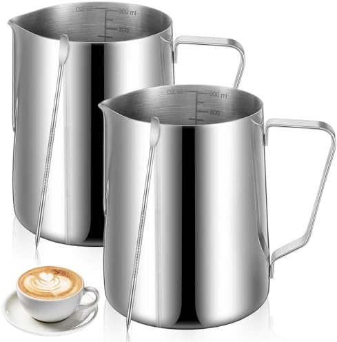 2 Pcs Milk Frothing Pitcher, 32 Oz Stainless Steel Steaming Pitcher