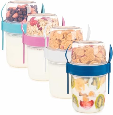 4 Pack Breakfast 22 oz On The Go Cups with Lids and Spoon, Reusable