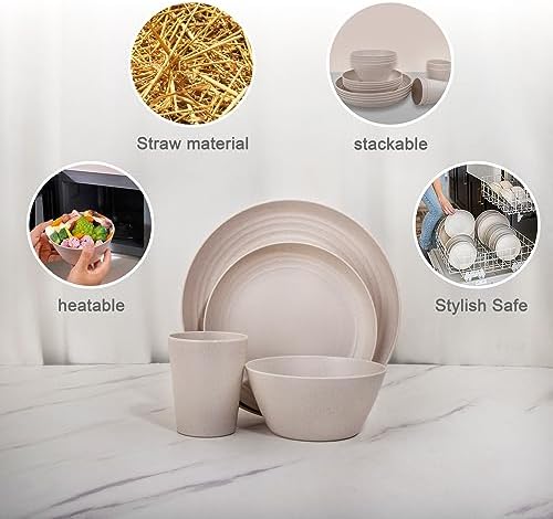 LIYH Beige 48 Pcs Unbreakable Wheat Straw Dinnerware Sets Kids RV BPA