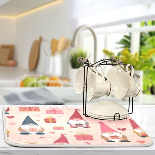 OTVEE Gnome Gift Pattern Dish Drying Mat for Kitchen Counter Absorbent