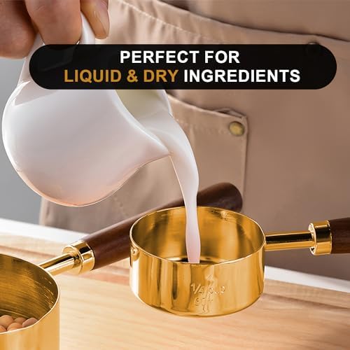 SHIKORI Gold Measuring Cups and Spoons Set with Wood Handles 8PCS