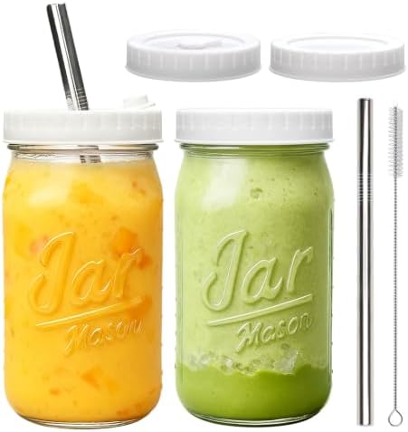 Mapoxy 32oz Mason Jars Cups with Plastic Lids & Straws 2 Pack
