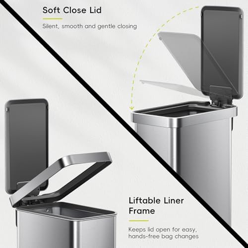 EKO Hudson Slim 50L Kitchen Trash Can, Stainless Steel