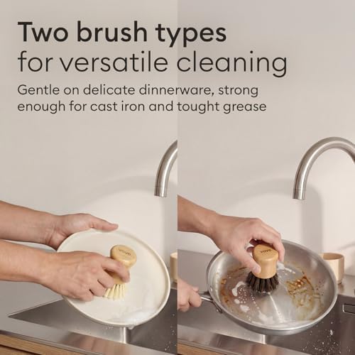 Vove Bamboo Kitchen Cleaning Set, Dish Brush, 2 Scrub Brushes, 2